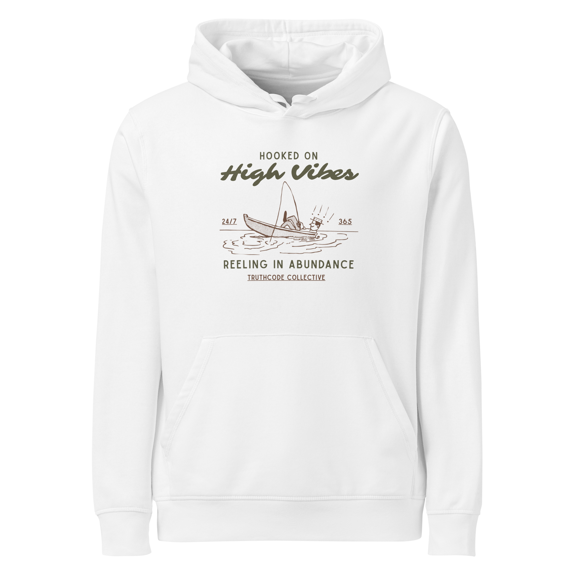 White organic hoodie with text 'Hooked on High Vibes, reeling in abundance' and graphic design of a fishing boat on a white background