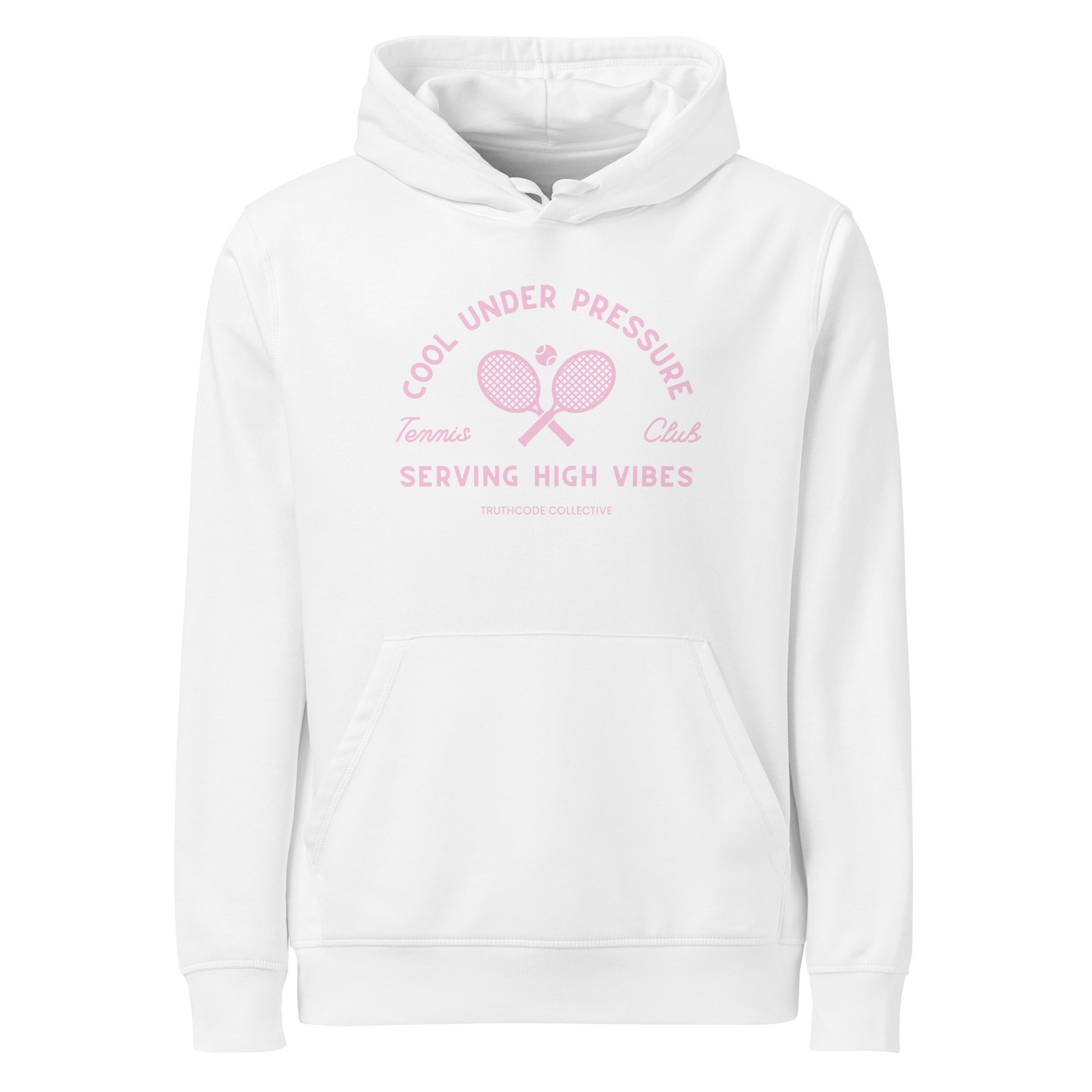 White organic hoodie with text 'Cool under pressure, serving high vibes' and 'Tennis club' with a tennis racket design on a white background