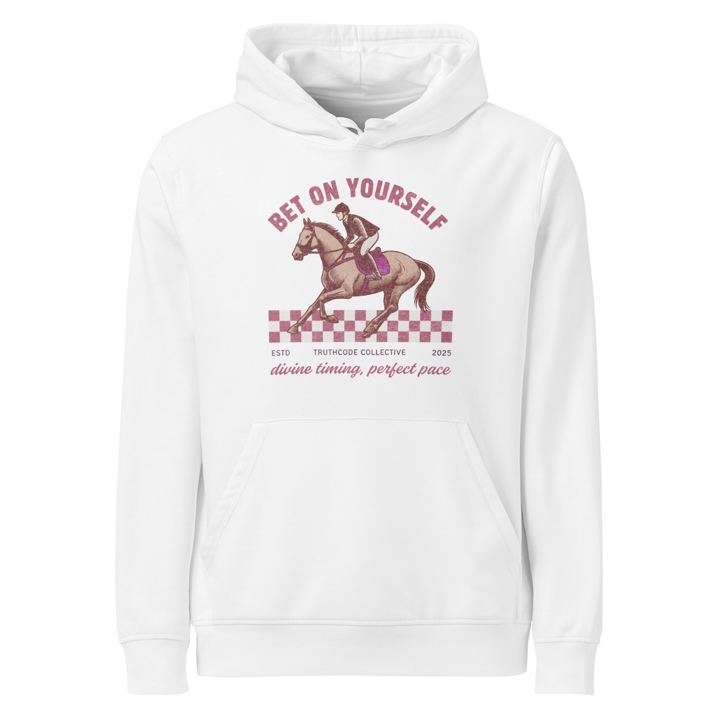 White organic hoodie with graphic design of race horse and jockey and text 'Bet on yourself' on a plain background