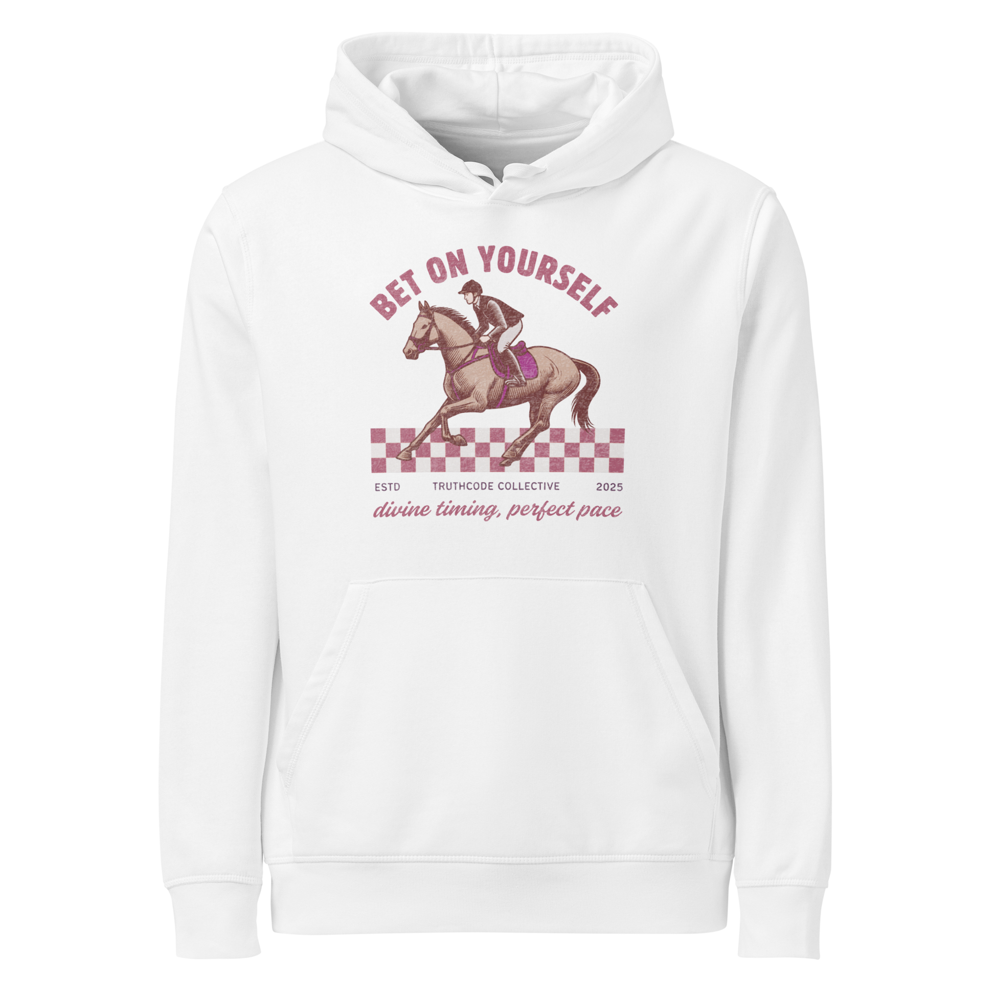 White organic hoodie with graphic design of race horse and jockey and text 'Bet on yourself' on a plain background