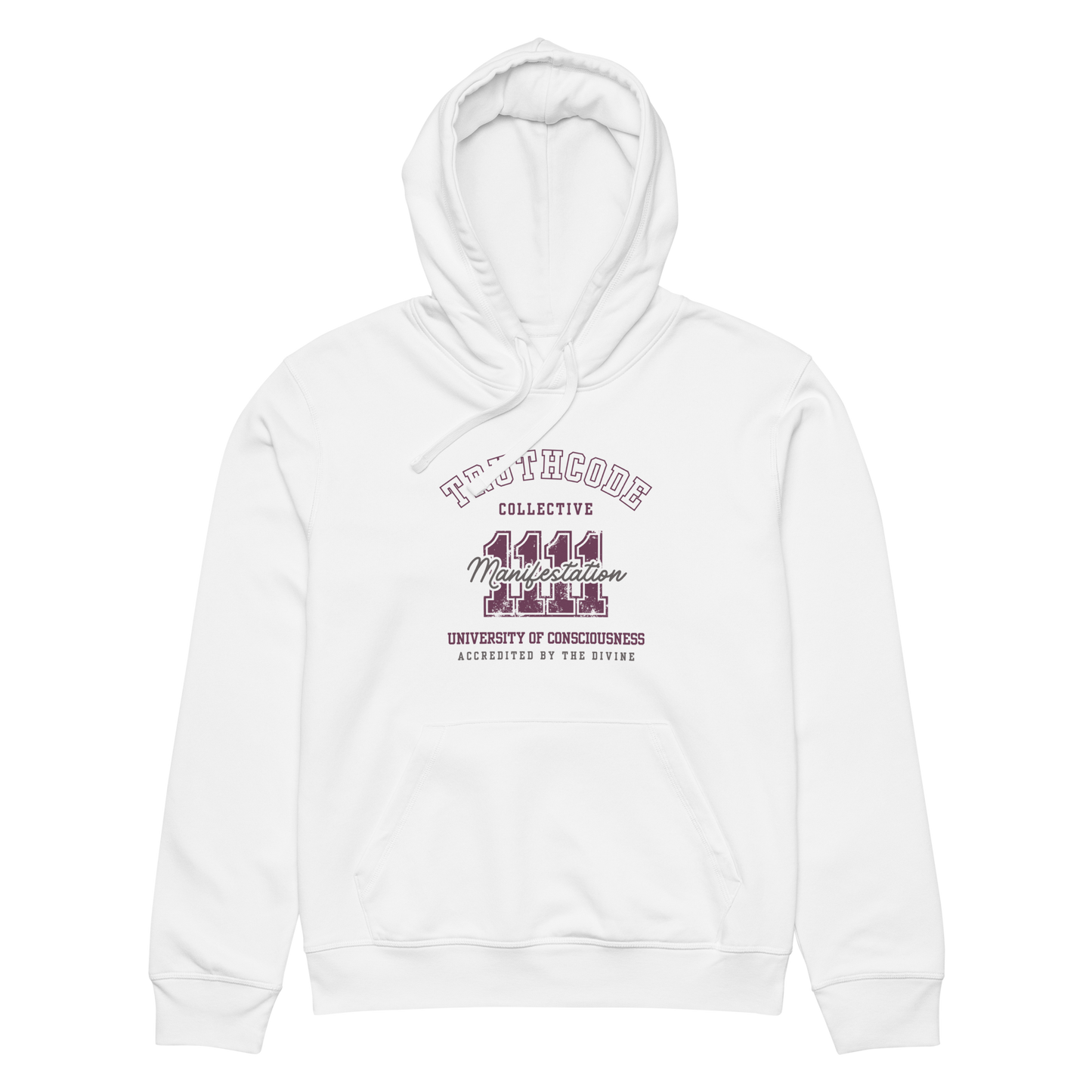White organic hoodie with text design '1111 Manifestation' and 'University of Consciousness' on a white background