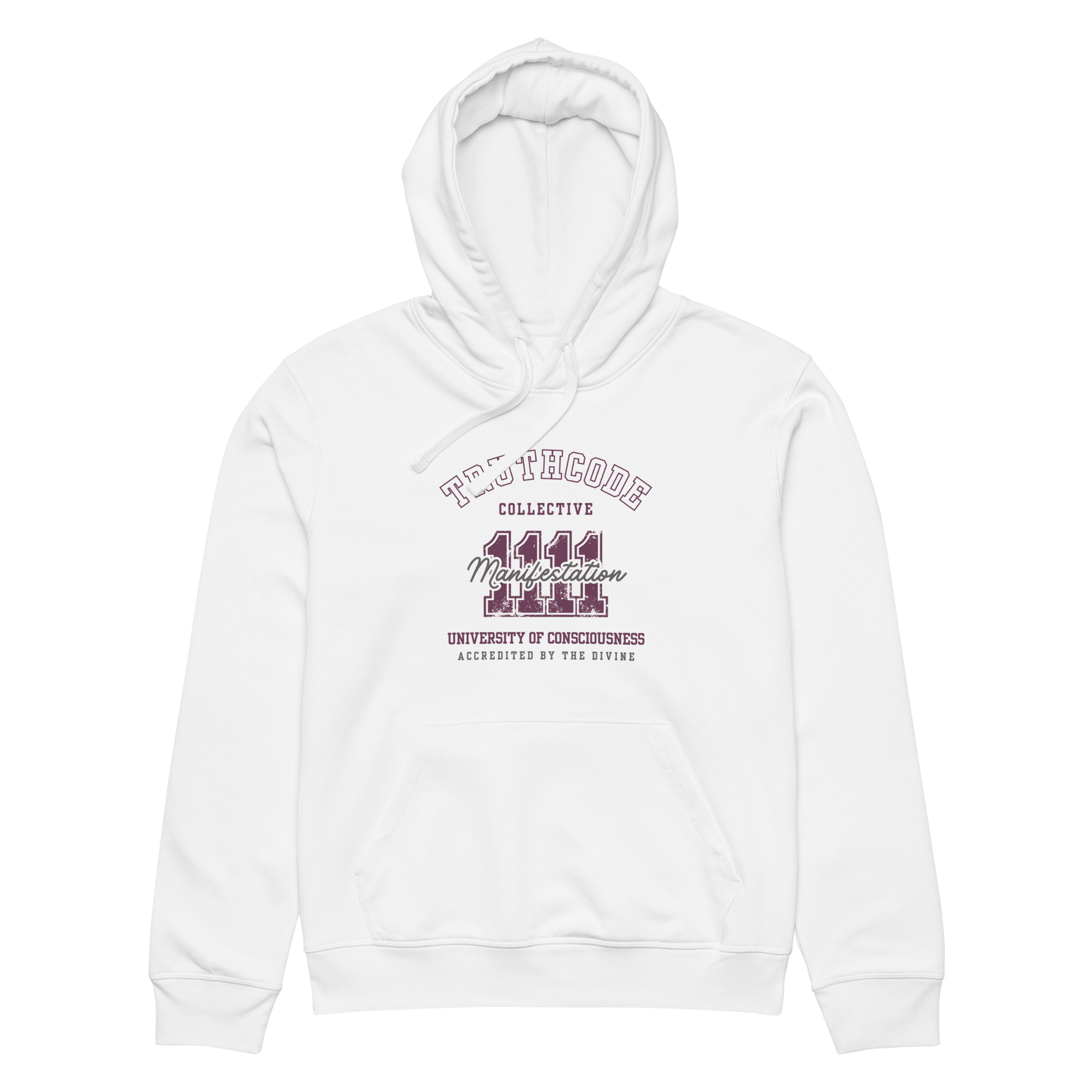 White organic hoodie with text design '1111 Manifestation' and 'University of Consciousness' on a white background