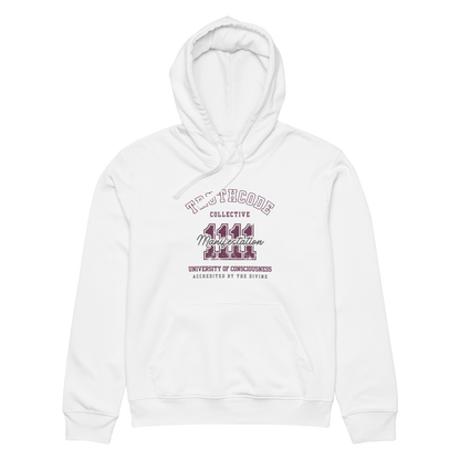White organic hoodie with text design '1111 Manifestation' and 'University of Consciousness' on a white background
