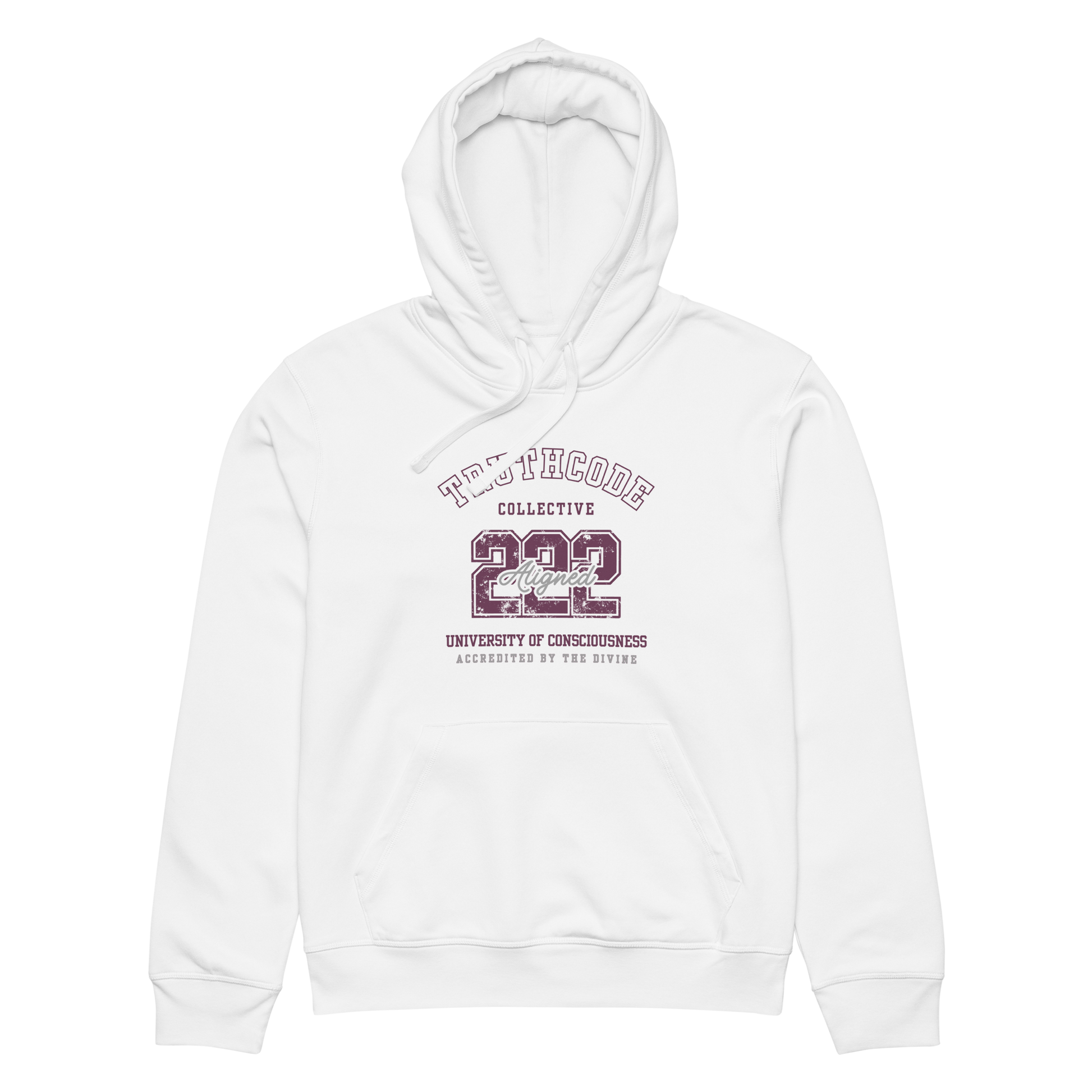 White organic hoodie with text design '222 Aligned' and 'University of Consciousness' on a white background
