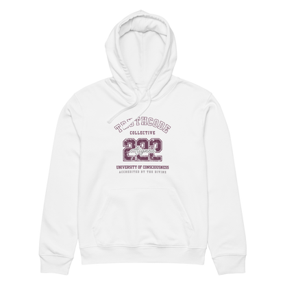 White organic hoodie with text design '222 Aligned' and 'University of Consciousness' on a white background