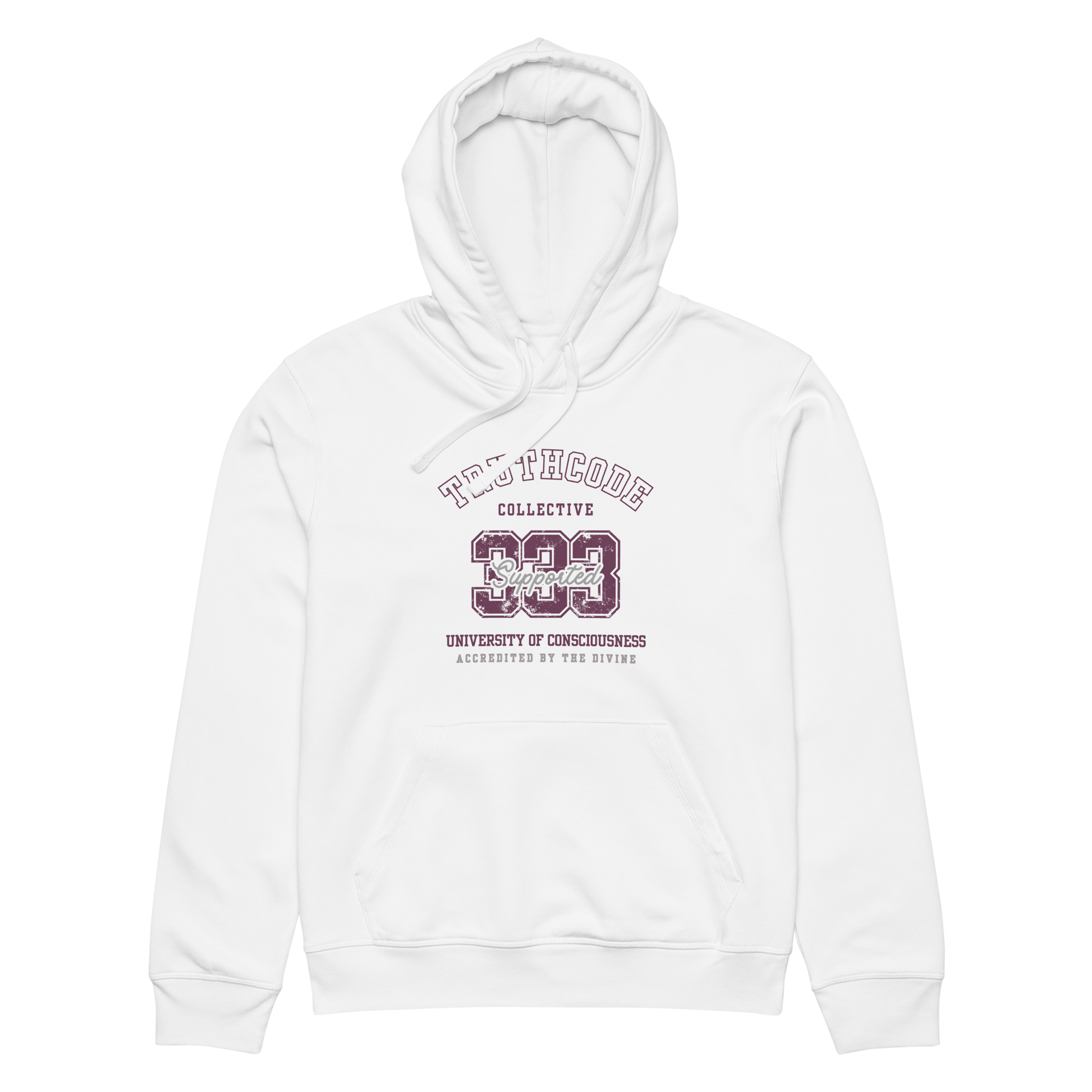White organic hoodie with text design '333 Supported' and 'University of Consciousness' on a white background