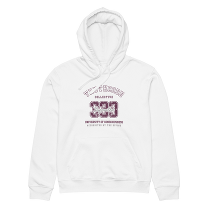 White organic hoodie with text design '333 Supported' and 'University of Consciousness' on a white background