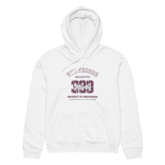 White organic hoodie with text design '333 Supported' and 'University of Consciousness' on a white background