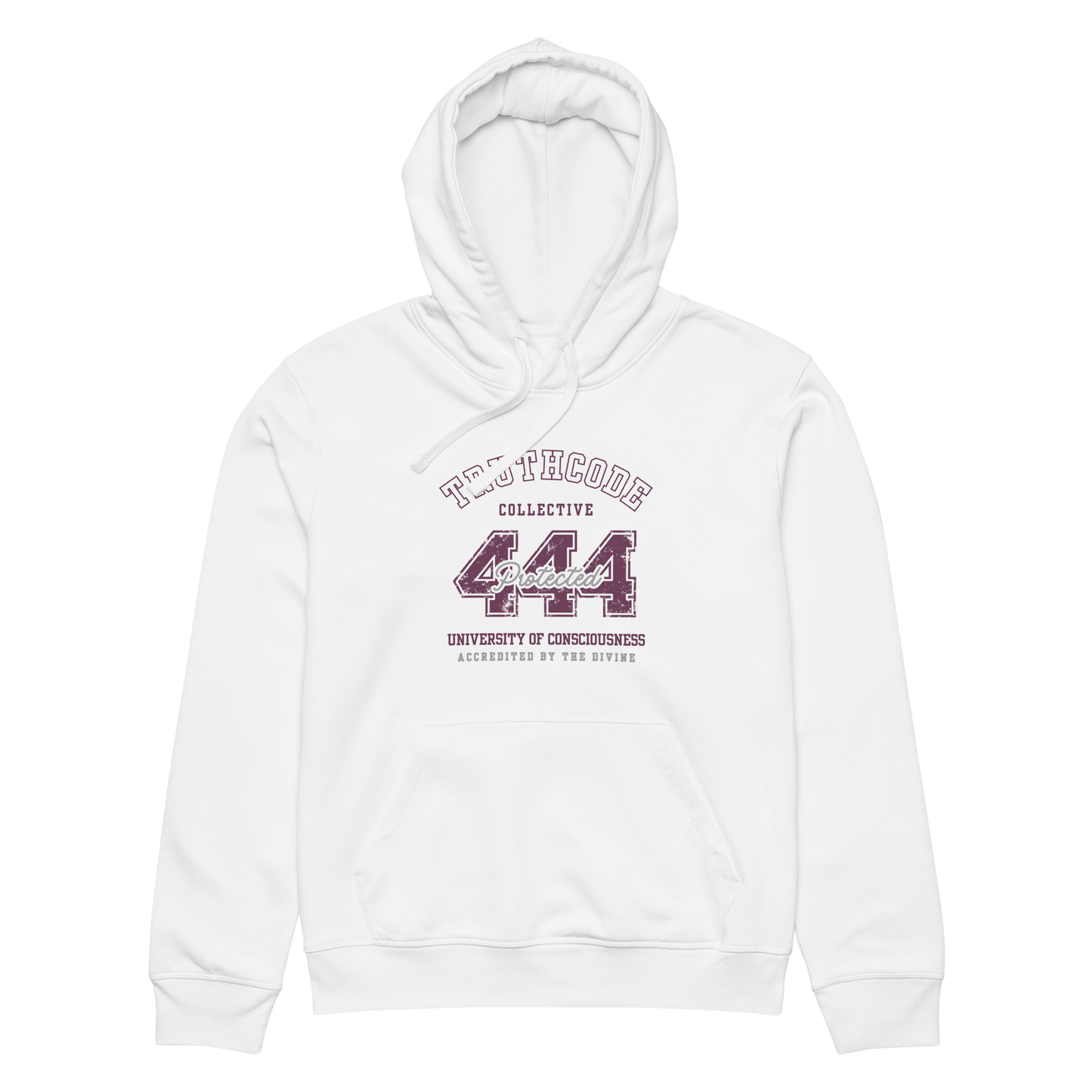 White organic hoodie with text design '444 Protected' and 'University of Consciousness' on a white background