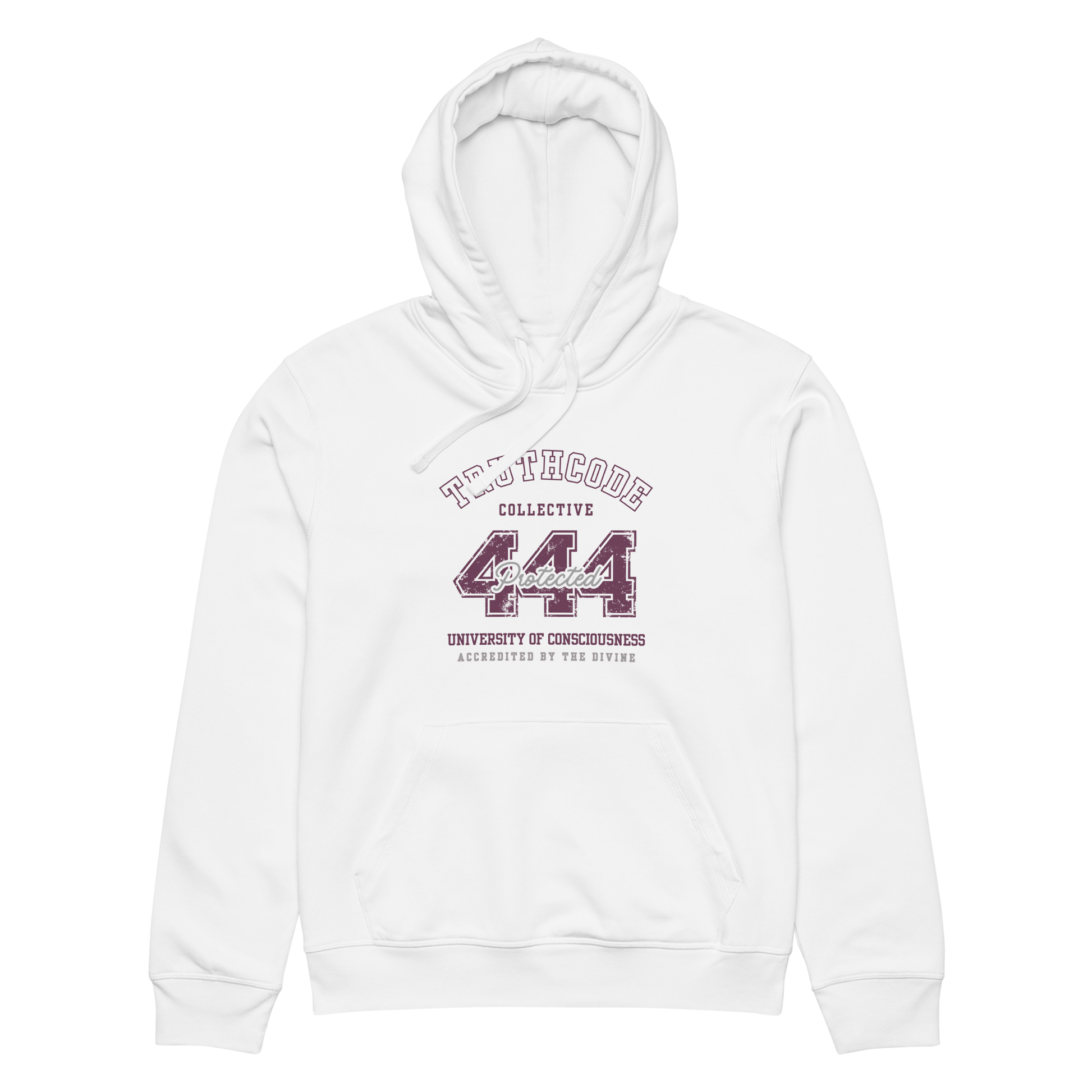 White organic hoodie with text design '444 Protected' and 'University of Consciousness' on a white background