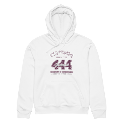 White organic hoodie with text design '444 Protected' and 'University of Consciousness' on a white background