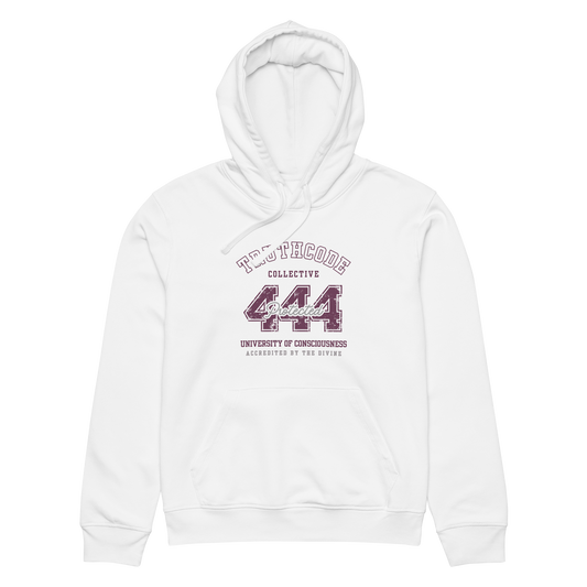 White organic hoodie with text design '444 Protected' and 'University of Consciousness' on a white background