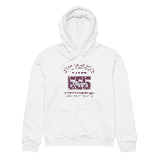 White organic hoodie with text design '555 Change' and 'University of Consciousness' on a white background