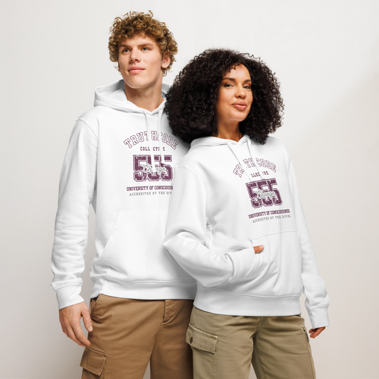 Models wearing white organic hoodie with text design '555 Change' and 'University of Consciousness' on a white background