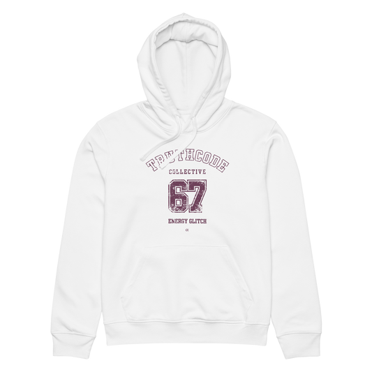 White organic hoodie with text design '67, Energy glitch' on a white background