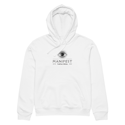 White organic hoodie with text 'Manifest' eye graphic design on a white background