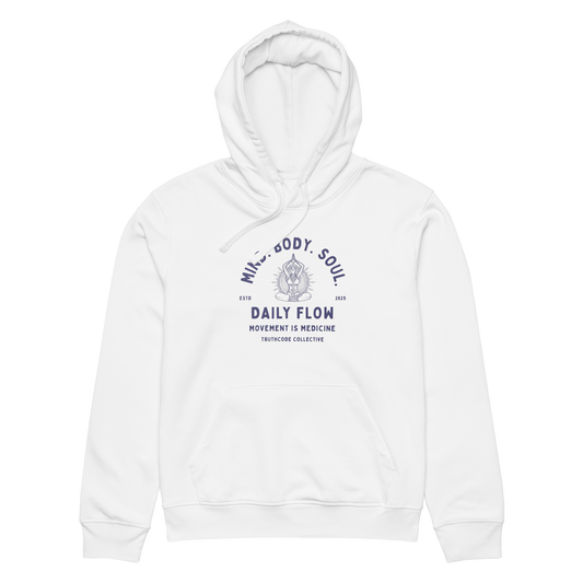 White organic hoodie with 'Mind Body Soul, Daily Flow, Movement is medicine' text and meditation graphic design on a white background