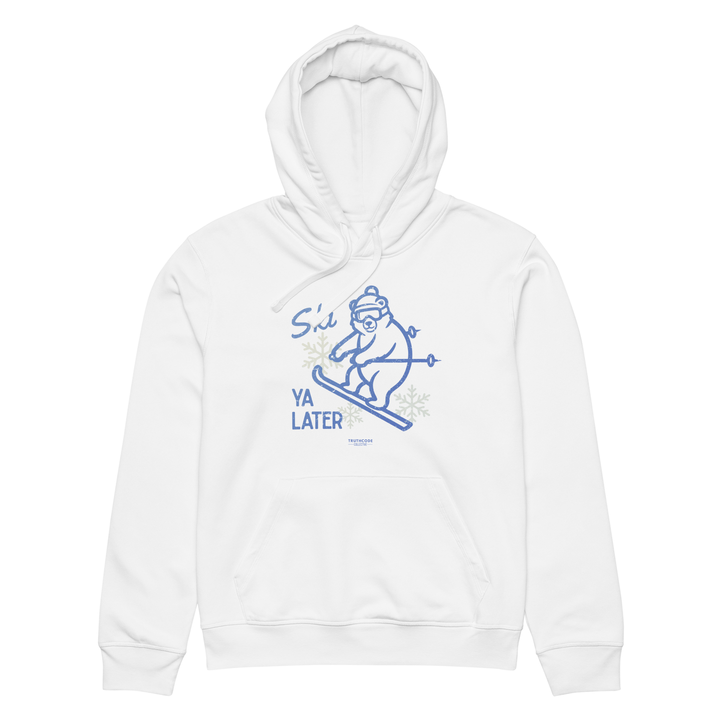 White organic hoodie with a skiing bear graphic and text 'Ski you later' on a white background