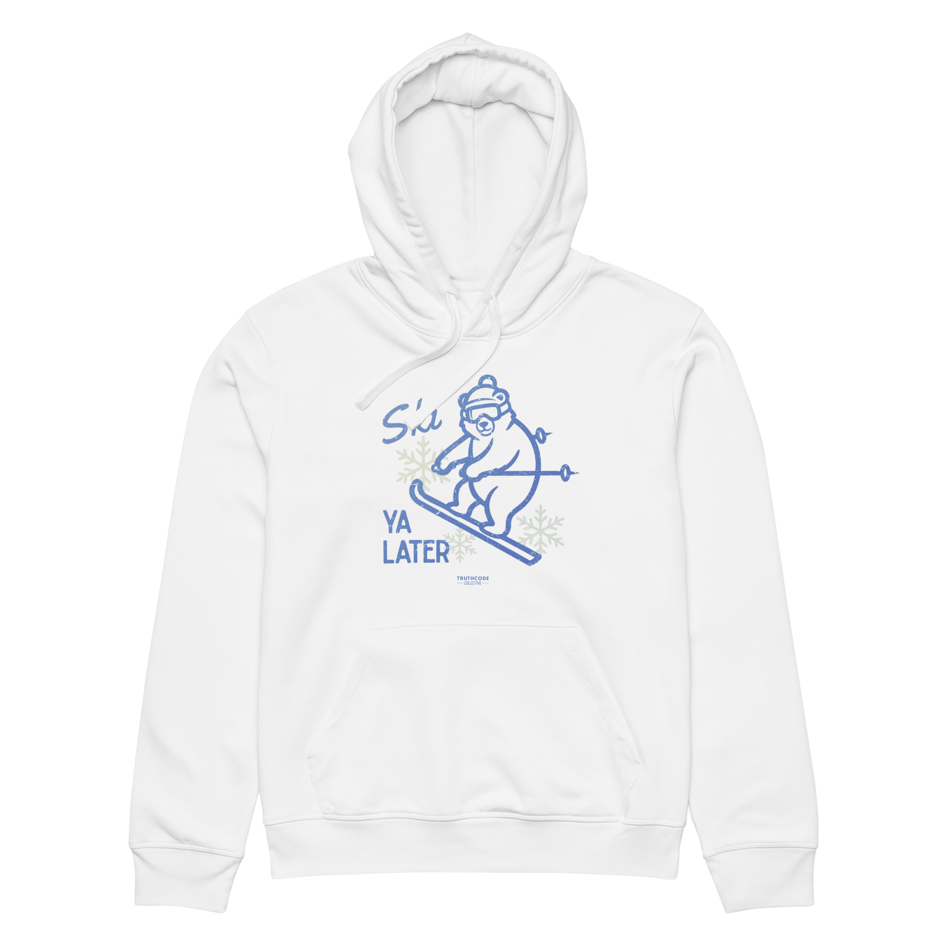 White organic hoodie with a skiing bear graphic and text 'Ski you later' on a white background