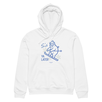 White organic hoodie with a skiing bear graphic and text 'Ski you later' on a white background