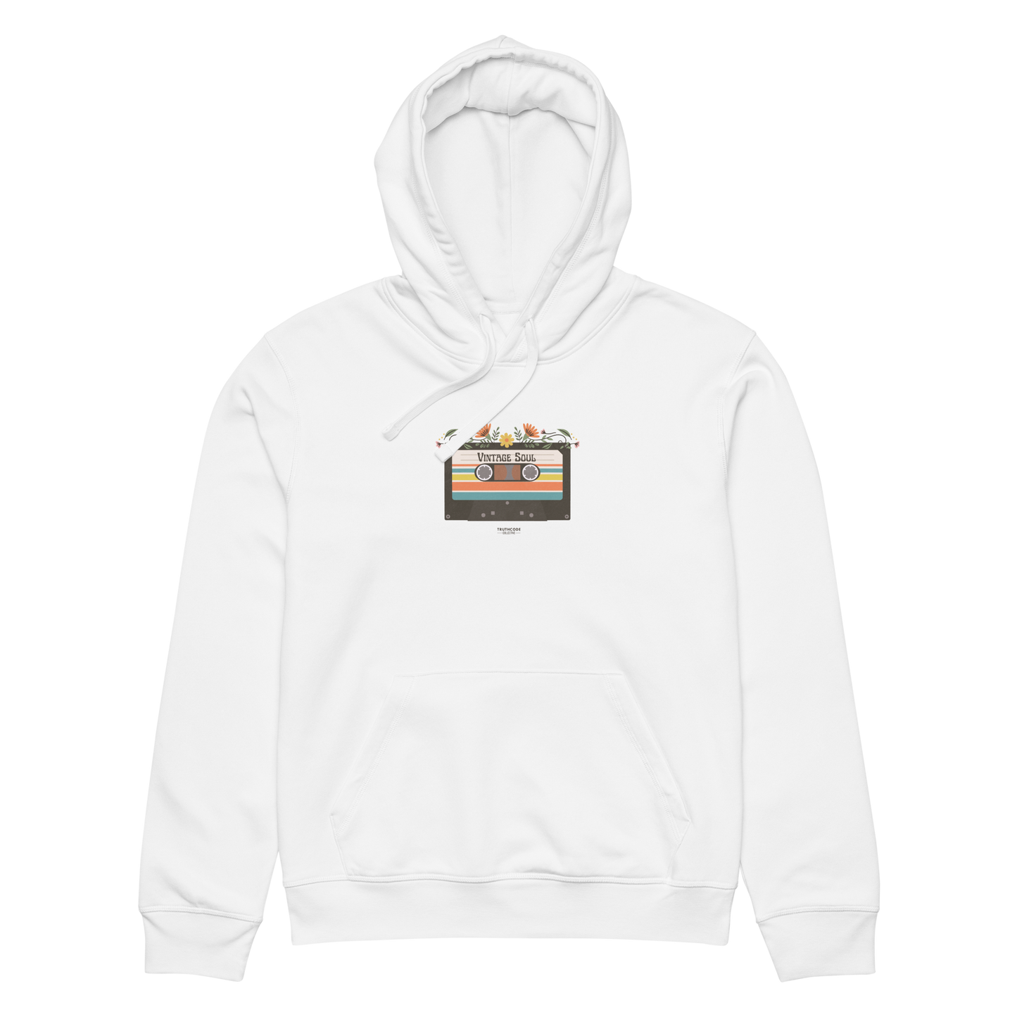 White organic hoodie with a graphic design of cassette tape and 'Vintage soul' text, against a white background