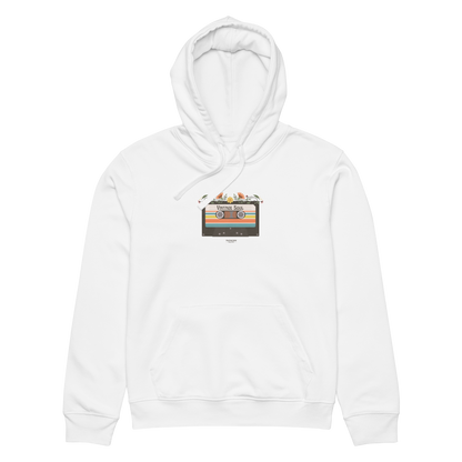 White organic hoodie with a graphic design of cassette tape and 'Vintage soul' text, against a white background