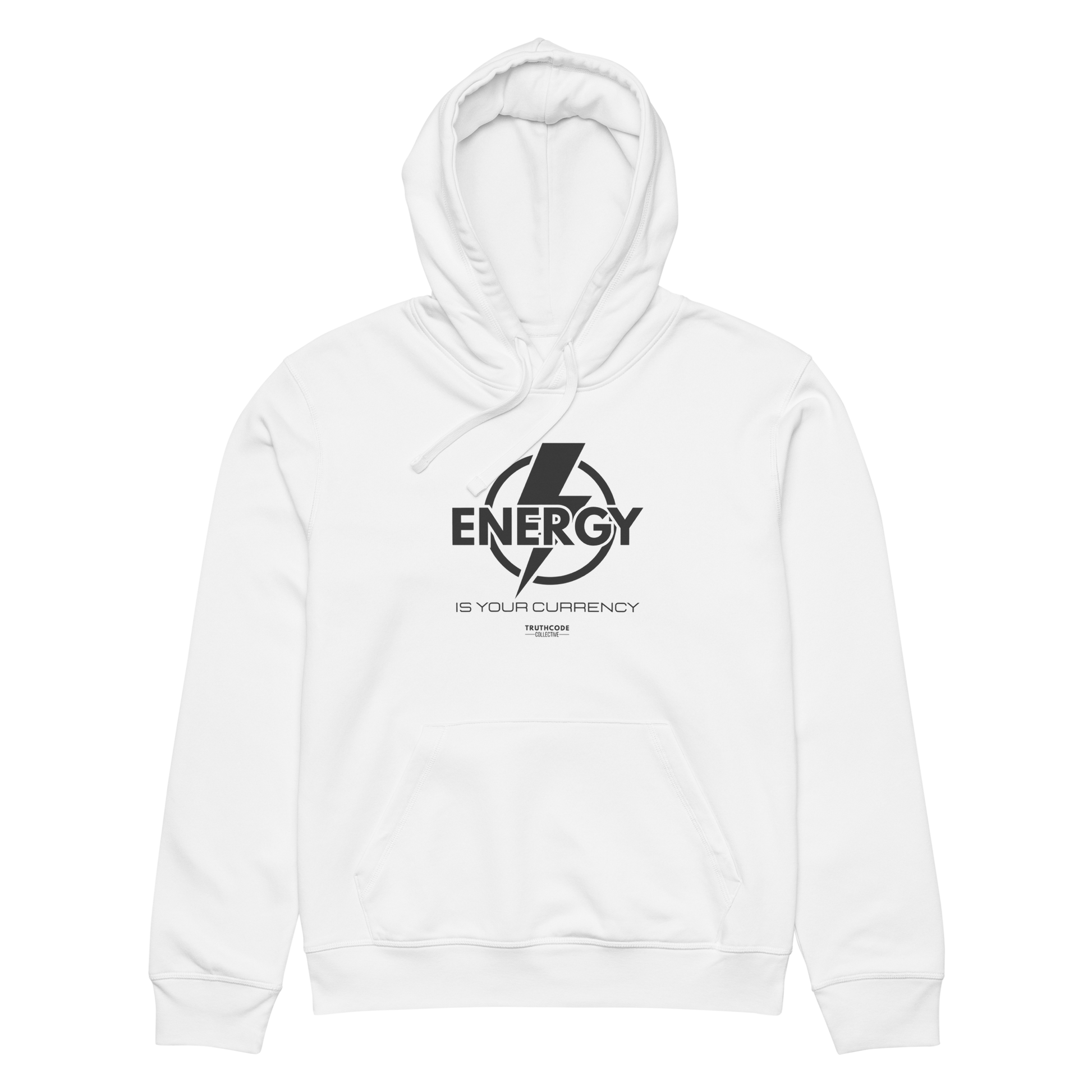 White organic hoodie with lightening bolt graphic and text 'Energy is your currency' on a white background