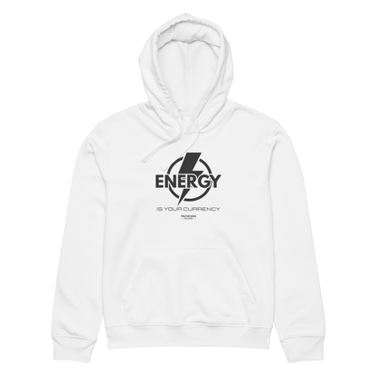 White organic hoodie with lightening bolt graphic and text 'Energy is your currency' on a white background