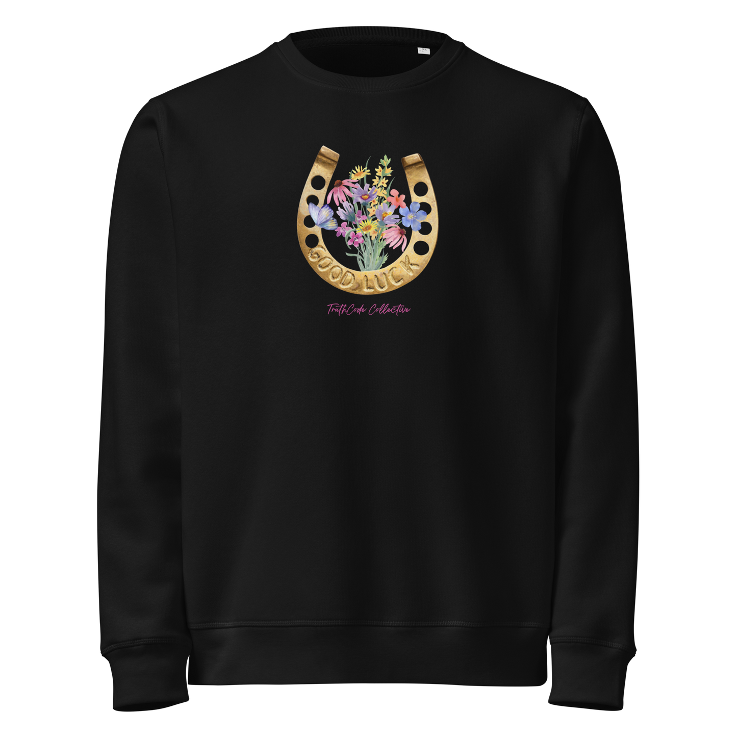Black organic sweatshirt with a floral and horseshoe design and text 'GOOD LUCK' on a white background