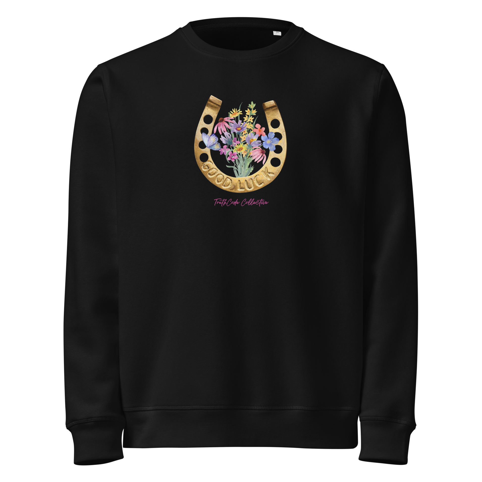 Black organic sweatshirt with a floral and horseshoe design and text 'GOOD LUCK' on a white background