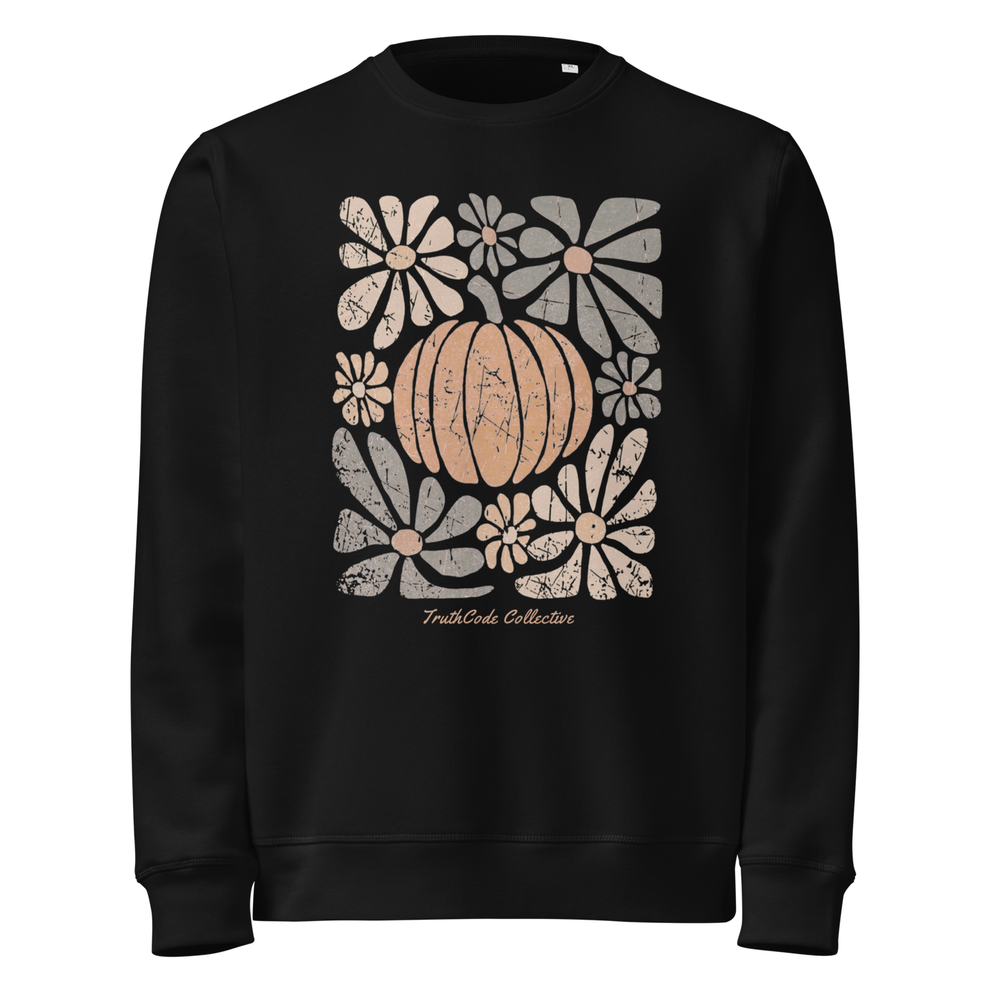 Black organic sweatshirt with a pumpkin and floral design on a white background