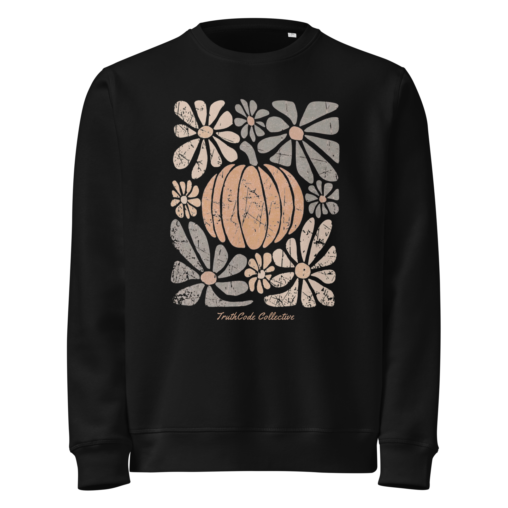 Black organic sweatshirt with a pumpkin and floral design on a white background