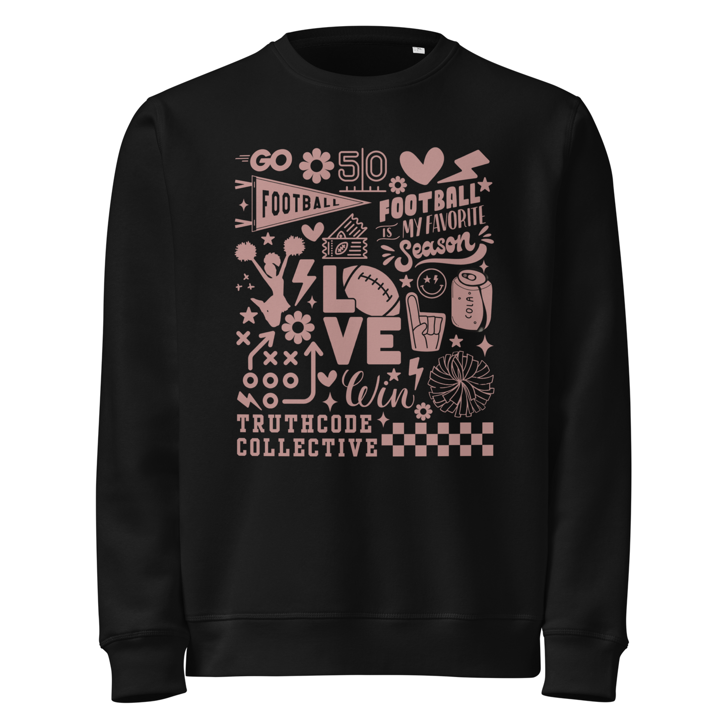 Black organic sweatshirt with football themed graphics and text 'Football is my favorite season' on a white background