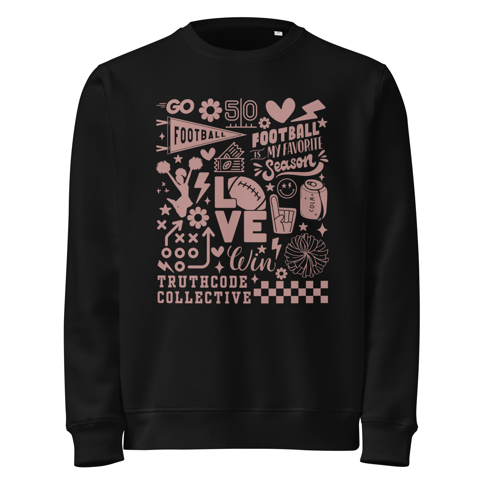 Black organic sweatshirt with football themed graphics and text 'Football is my favorite season' on a white background