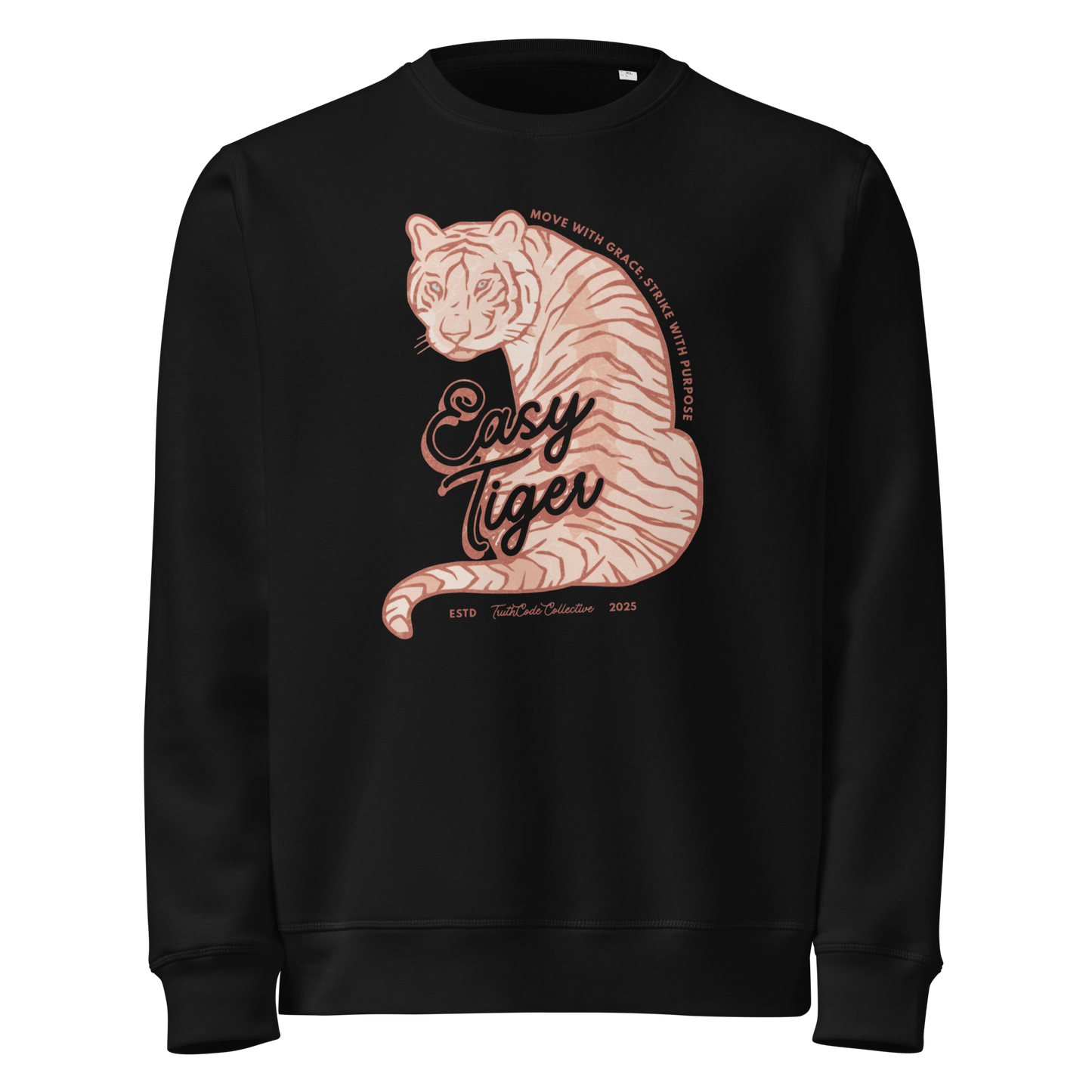 Black organic sweatshirt with a tiger graphic and 'Easy Tiger' text on a white background