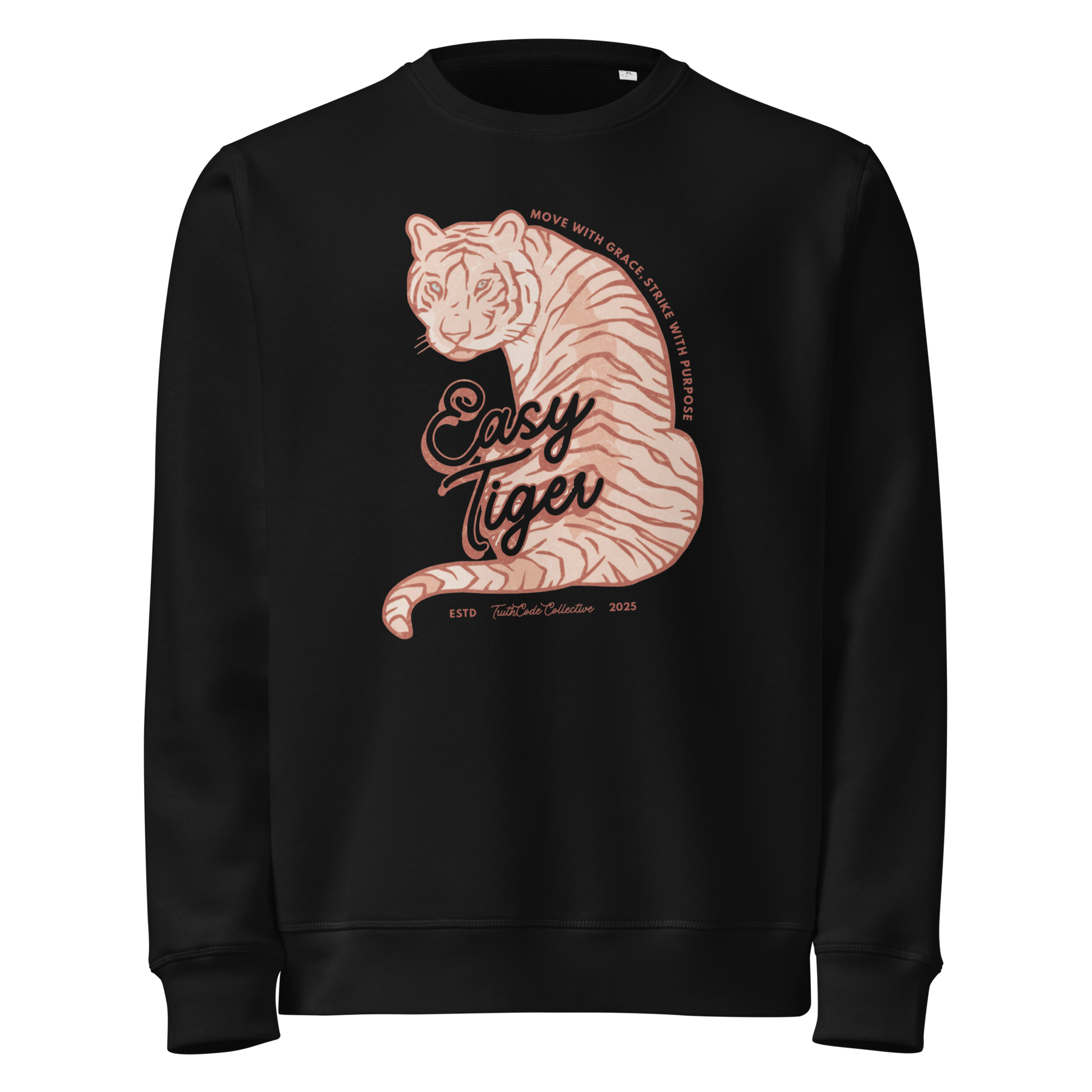 Black organic sweatshirt with a tiger graphic and 'Easy Tiger' text on a white background