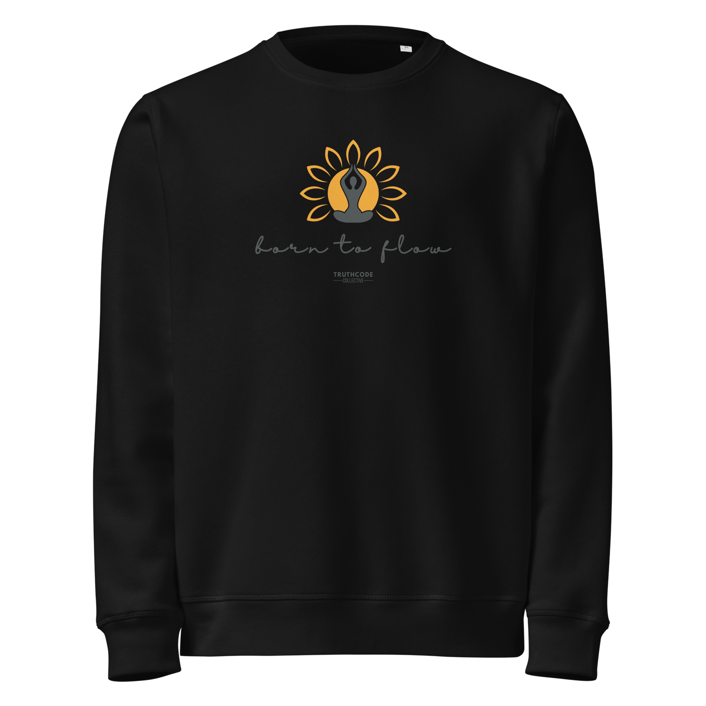 Black organic sweatshirt with a flower design with person meditating design and 'born to flow' text on a white background