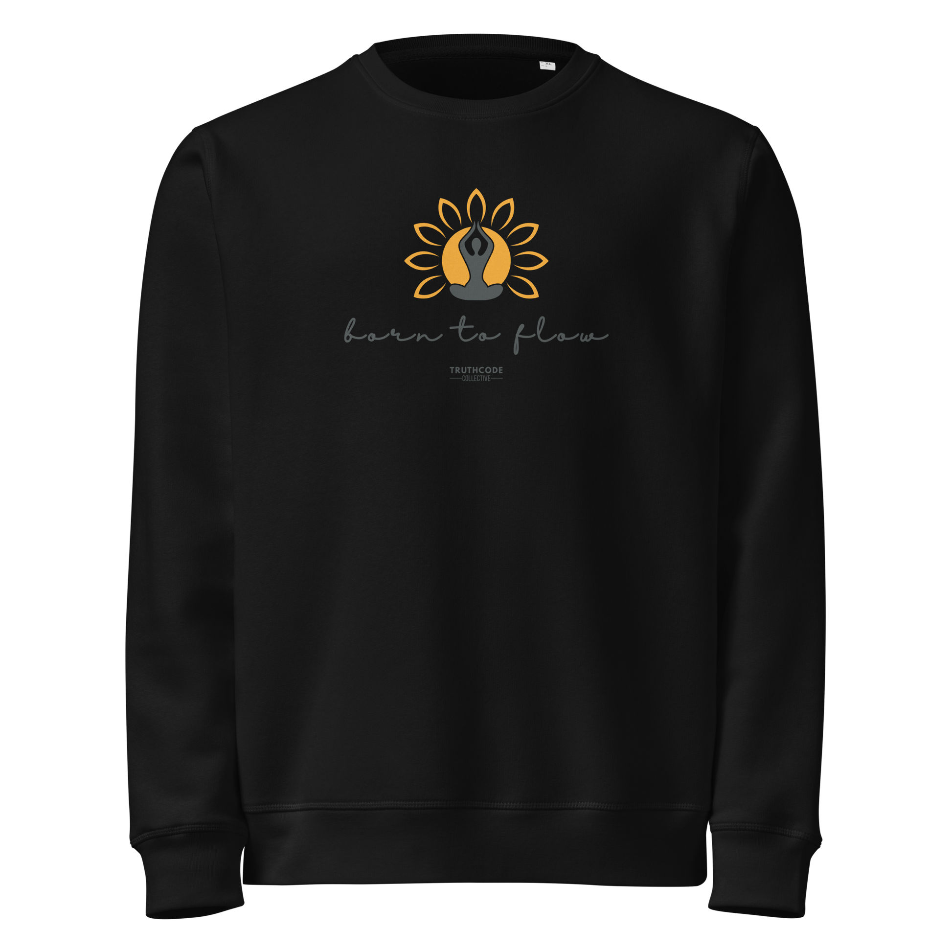 Black organic sweatshirt with a flower design with person meditating design and 'born to flow' text on a white background