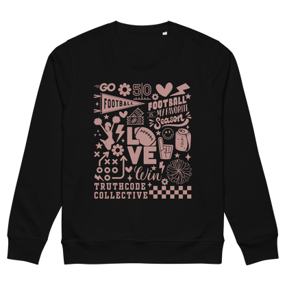 Black organic sweatshirt with football collage graphic design and 'Football is my favorite season' on a white background