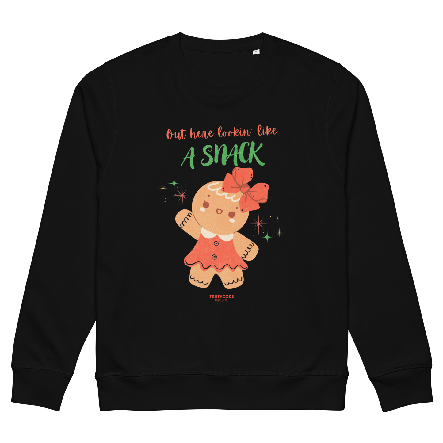 Black sweatshirt with a gingerbread girl graphic and text on a white background
