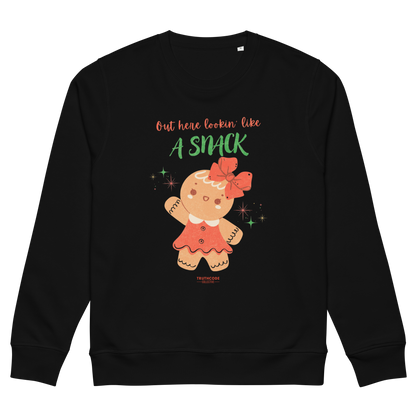 Black sweatshirt with a gingerbread girl graphic and text on a white background