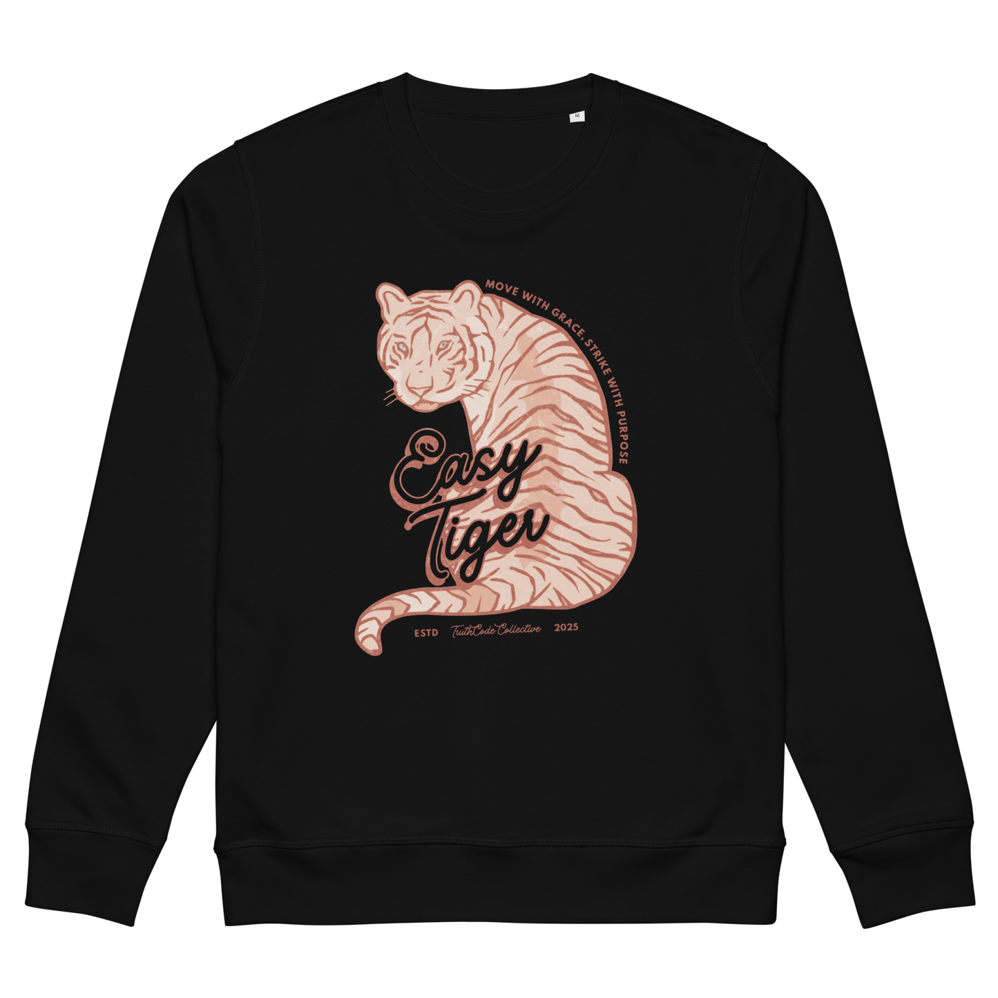 Black organic sweatshirt with a tiger graphic and 'Easy Tiger' text, on a white background