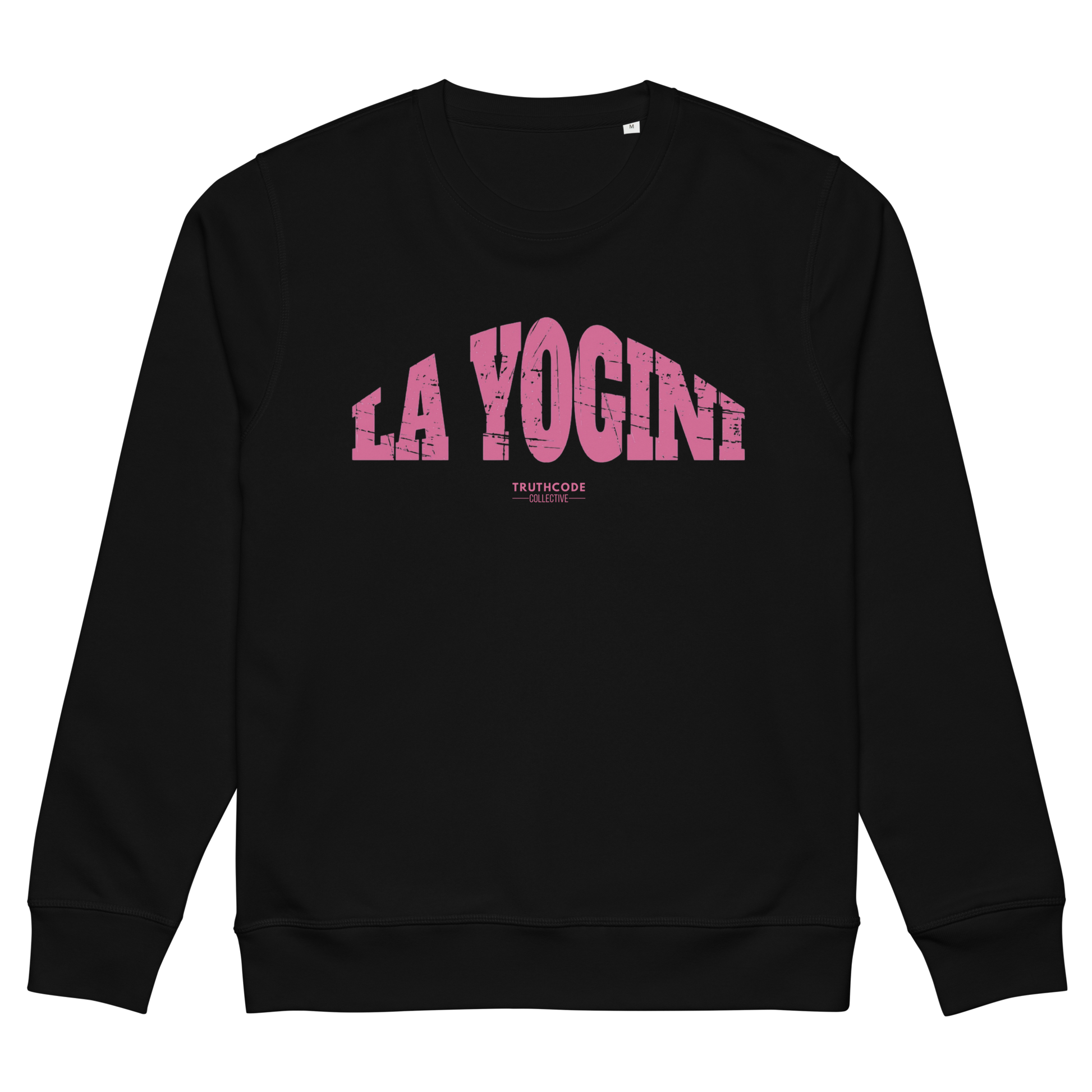 Black organic sweatshirt with pink 'LA YOGINI' text on a white background