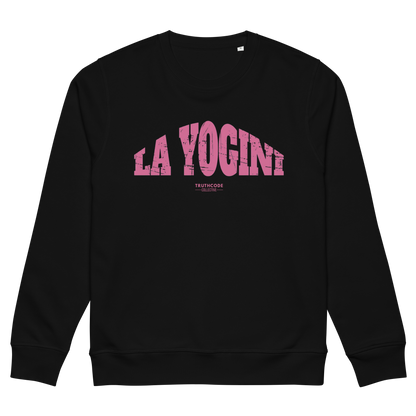 Black organic sweatshirt with pink 'LA YOGINI' text on a white background