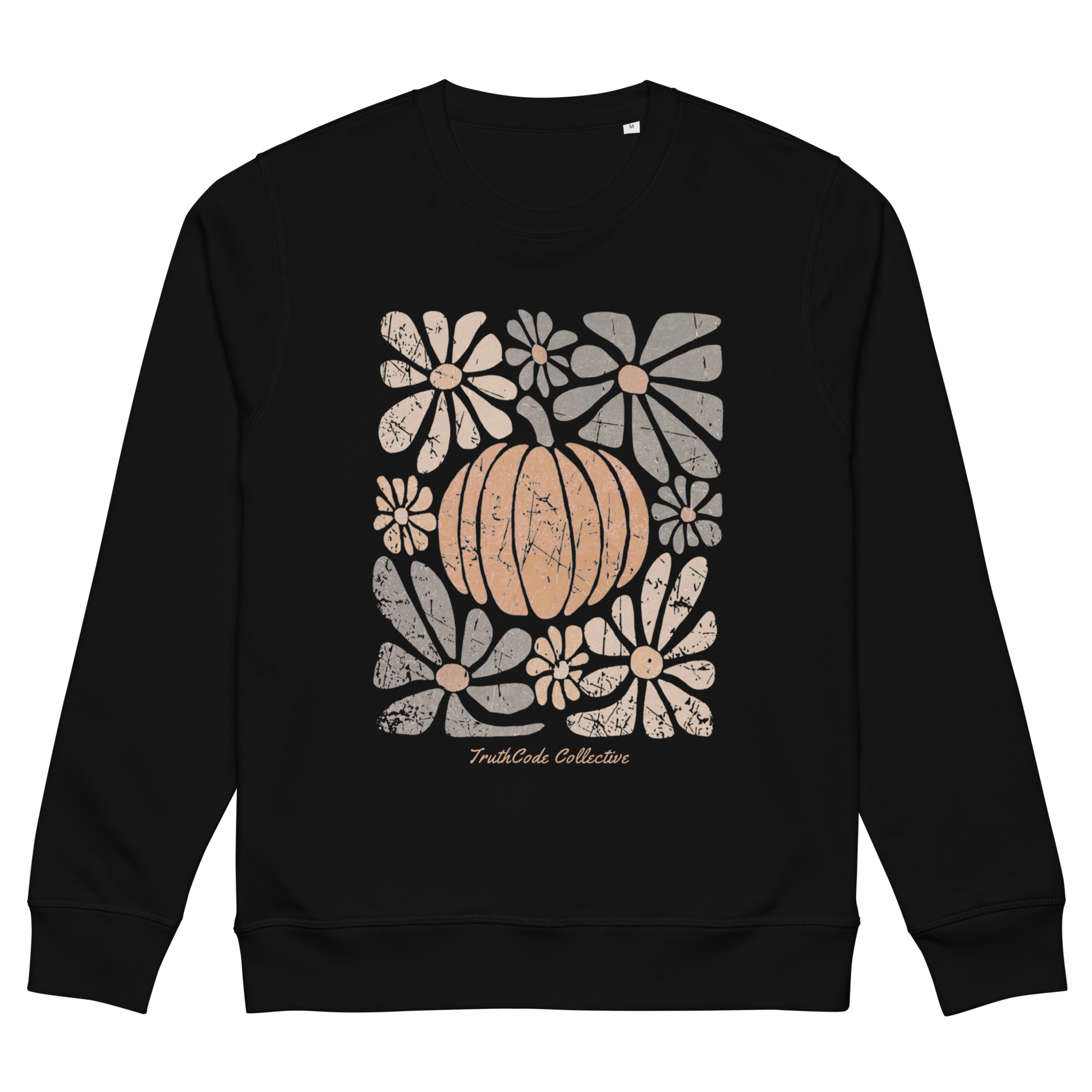 Black organic sweatshirt with a pumpkin and floral design on a white background