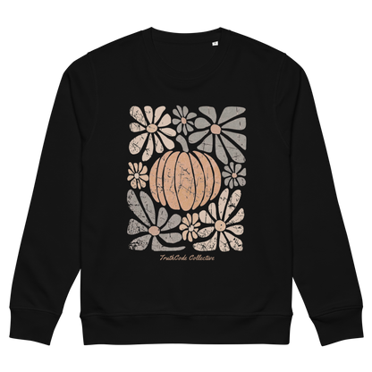 Black organic sweatshirt with a pumpkin and floral design on a white background