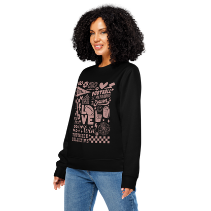 Woman wearing black organic sweatshirt with football collage graphic design and 'Football is my favorite season' on a white background