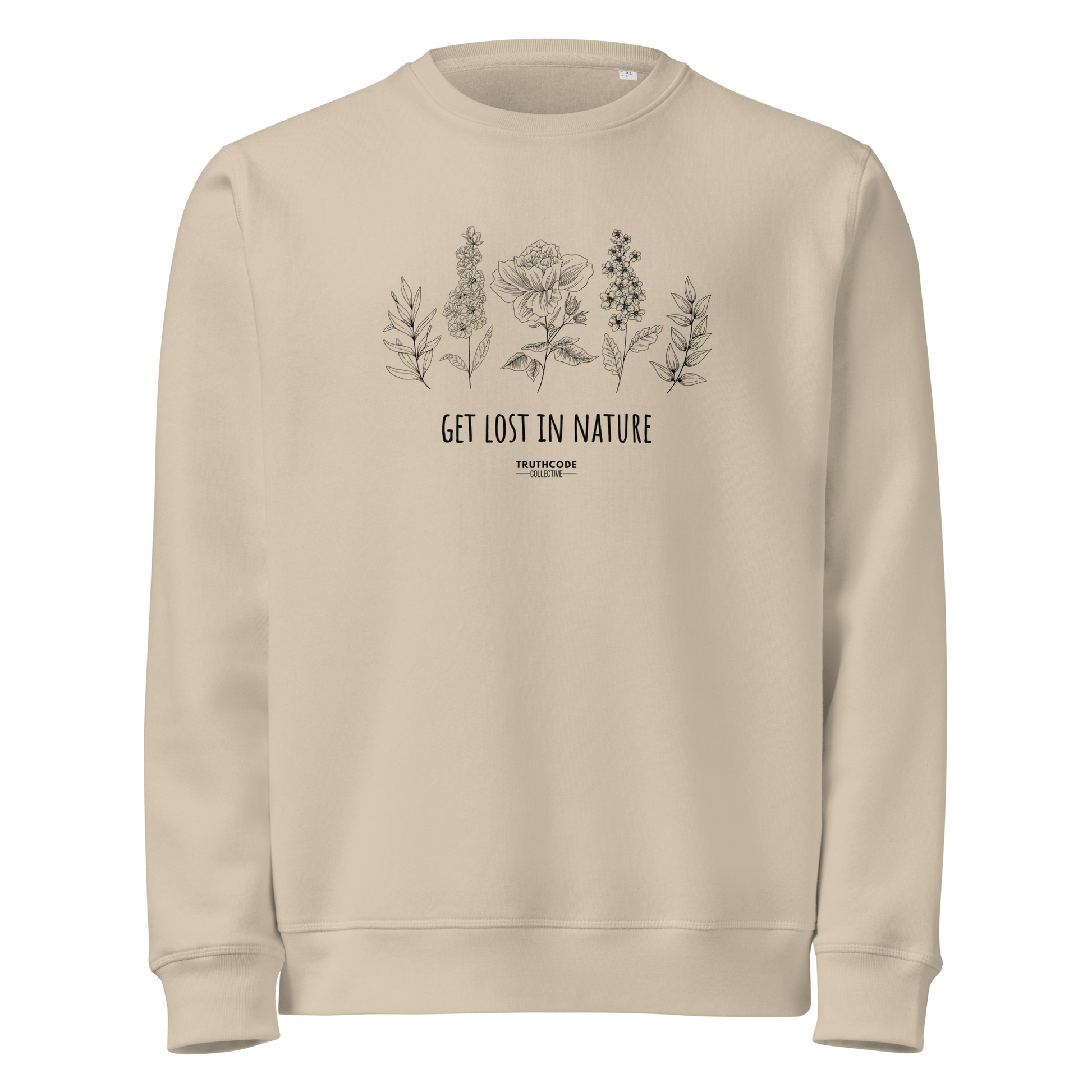 Beige organic sweatshirt with floral stems design and text reading 'Get lost in nature' on a white background