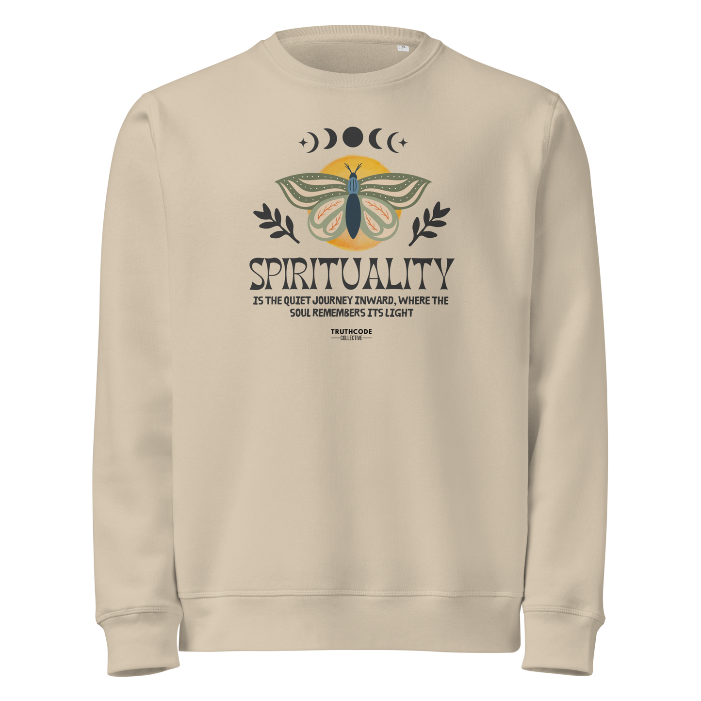 Beige organic sweatshirt with a butterfly design and text 'Spirituality is the quiet journey inward, where the soul remembers it's light' on a white background