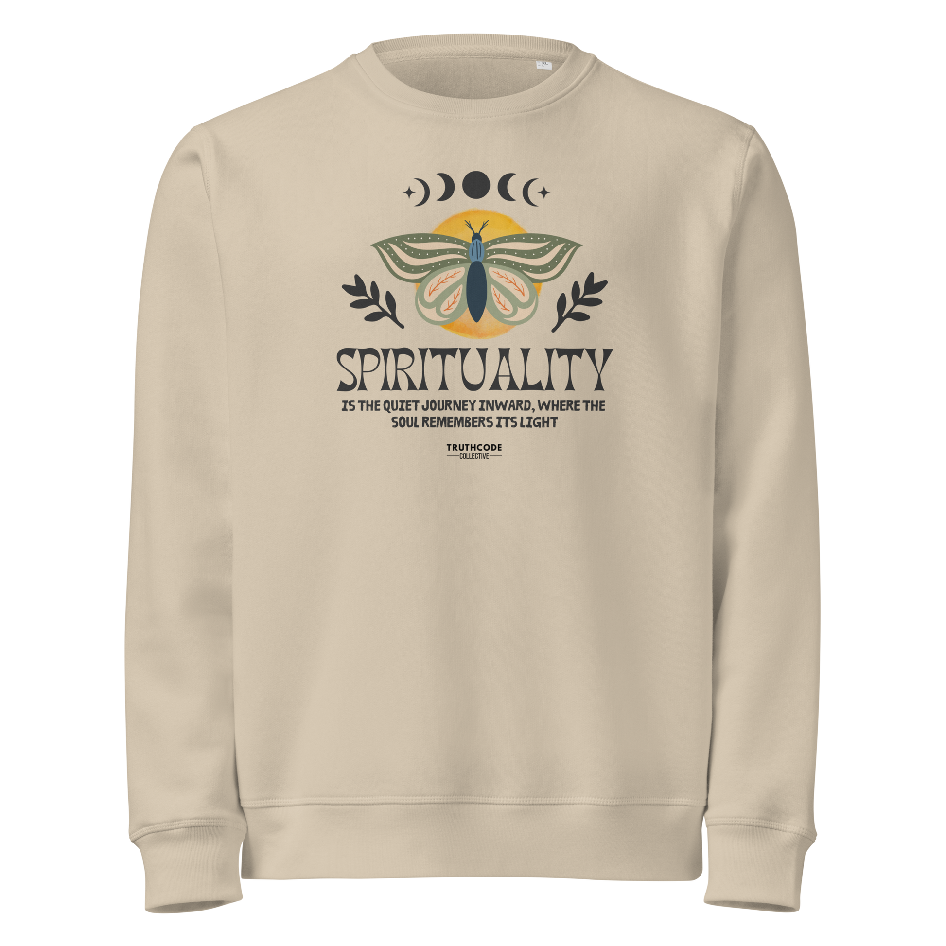 Beige organic sweatshirt with a butterfly design and text 'Spirituality is the quiet journey inward, where the soul remembers it's light' on a white background